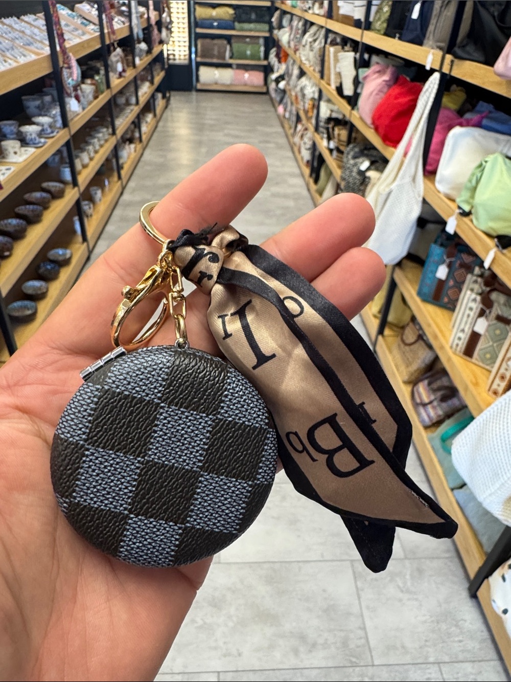 Gray Check Round Coin Purse Keychain with Satin Scarf